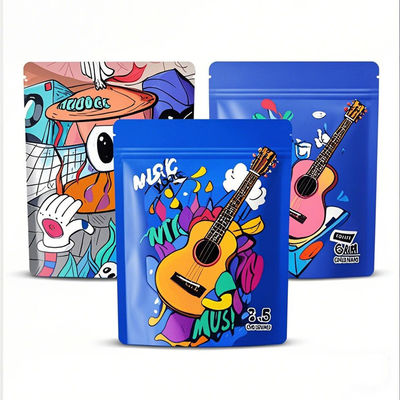 কাস্টম মুদ্রিত 3.5g অ্যালুমিনিয়াম ফয়েল মাইলার স্ট্যান্ড আপ পকেট গন্ধ প্রুফ পুনরায় বন্ধযোগ্য জিপলক ফুড প্যাকেজিং ব্যাগ ডাই-কাট ডিজাইন